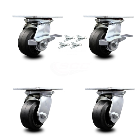 Service Caster 4 Inch Rubber on Steel Caster Set with Ball Bearing 4 Swivel Lock and 2 Brake SCC-35S420-RSB-SLB-BSL-2-BSL-2